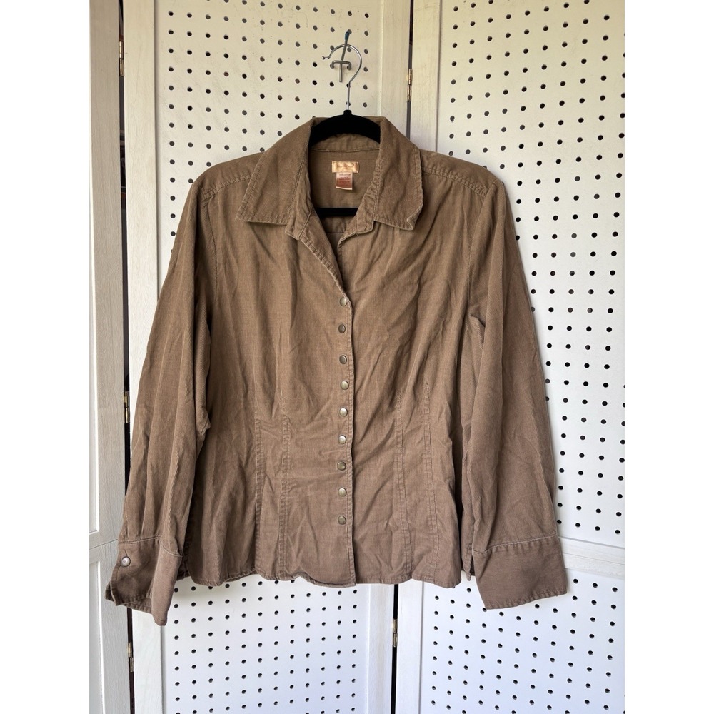 North Crest Women's Lg 14-16 Brown Snap Front Corduroy Shirt Cotton Long SLV